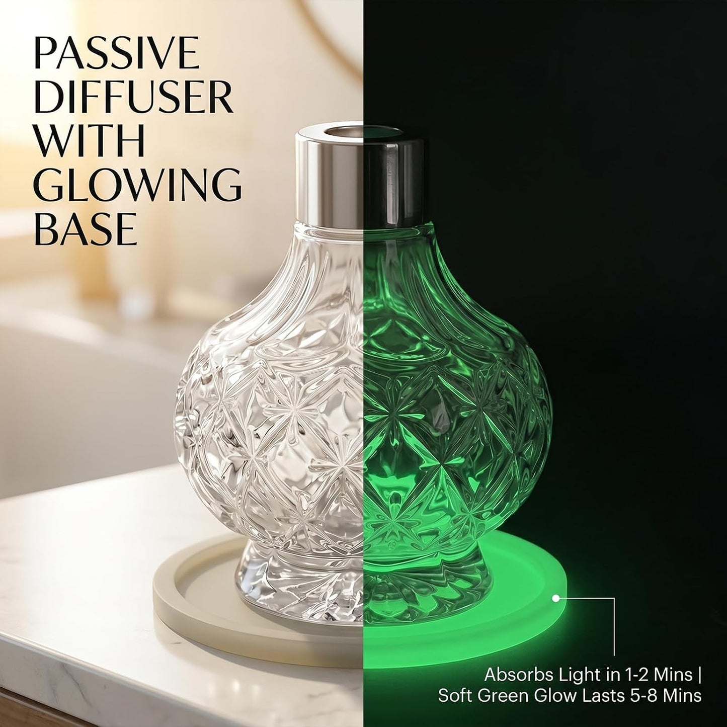 Reed Diffuser Bottle - Empty Glass Diffuser Bottles Refillable Fragrance Oils Jars Gourd Shape with Silver Decorative Hole Cap and Luminous Coaster Mat, 7.5 fl Oz,Clear (Reeds Not Included)