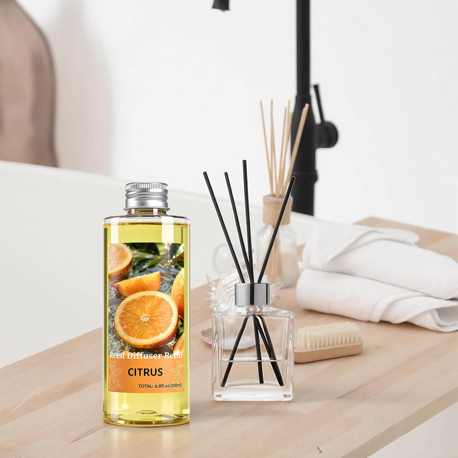 STRN Reed Diffuser Oil Refill, Citrus Scented Diffuser Oil Refills with 6 Reed Sticks 200ML(6.8fl.oz), Room Fresheners for Home, Long-Lasting Summer Fragrance for Living Room, Bedroom, Office
