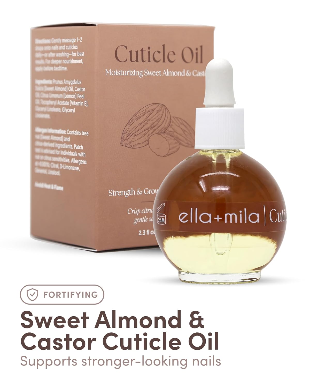 ella+mila Nail Fortifying Cuticle Oil with Sweet Almond & Castor - Moisturizing Formula Promotes Nail Repair & Strength - Vegan - 2.3 fl oz