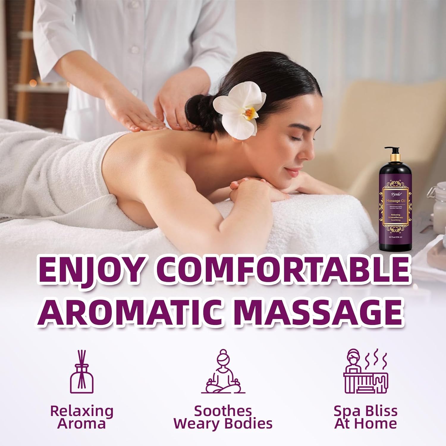 Pjordo Aromatherapy Lavender Massage Oil, 10 fl oz Relaxing Massage Oil for Massage Therapy with Grape Seed, Sweet Almond & Jojoba, Spa Quality Oils for Soothing, Calming