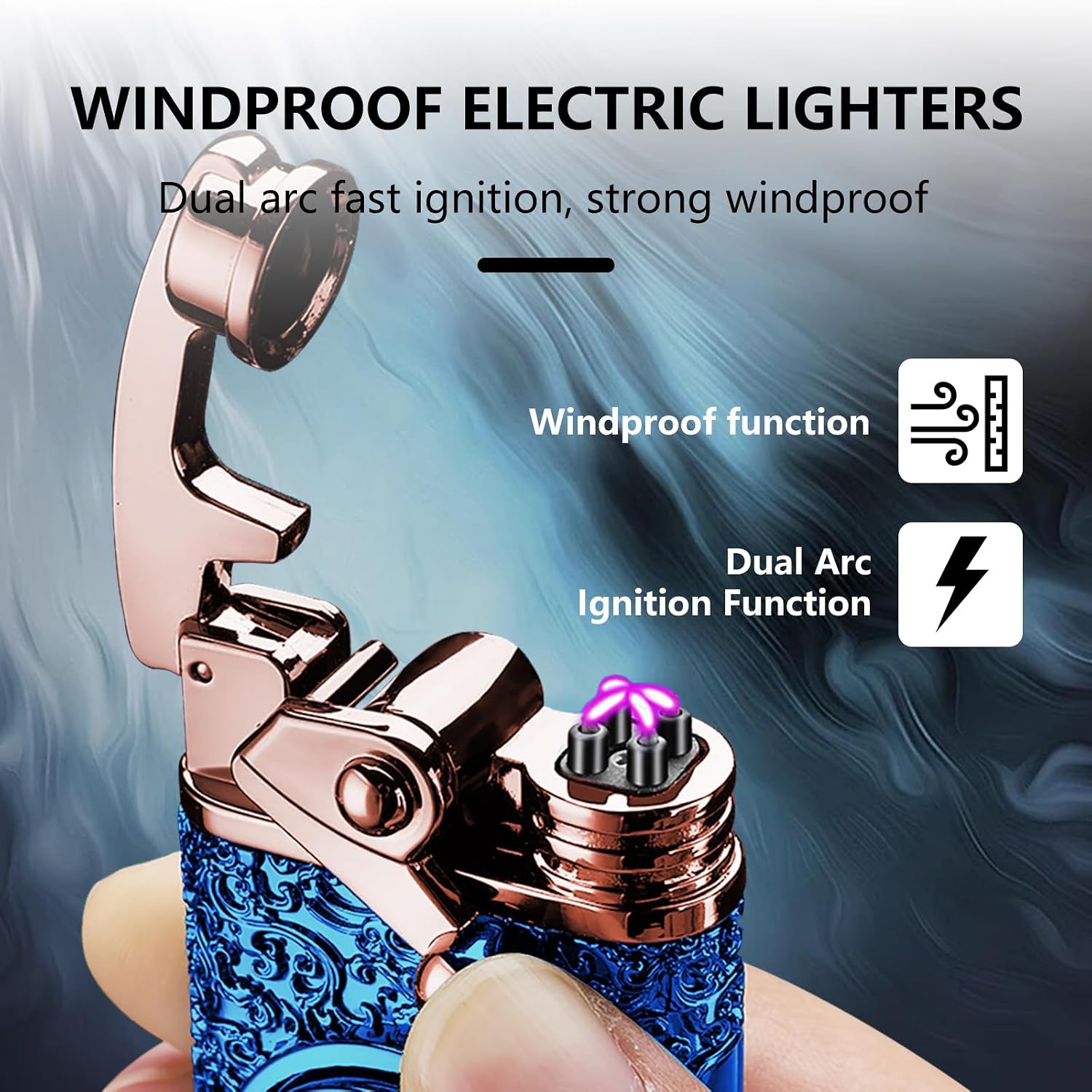 Electric Lighter Rechargeable Plasma Lighters Cool Lighter Windproof Lighters with Embossed Patterns Rocker Ignition Battery Display for Candle Outdoor Camping BBQ (Blue)