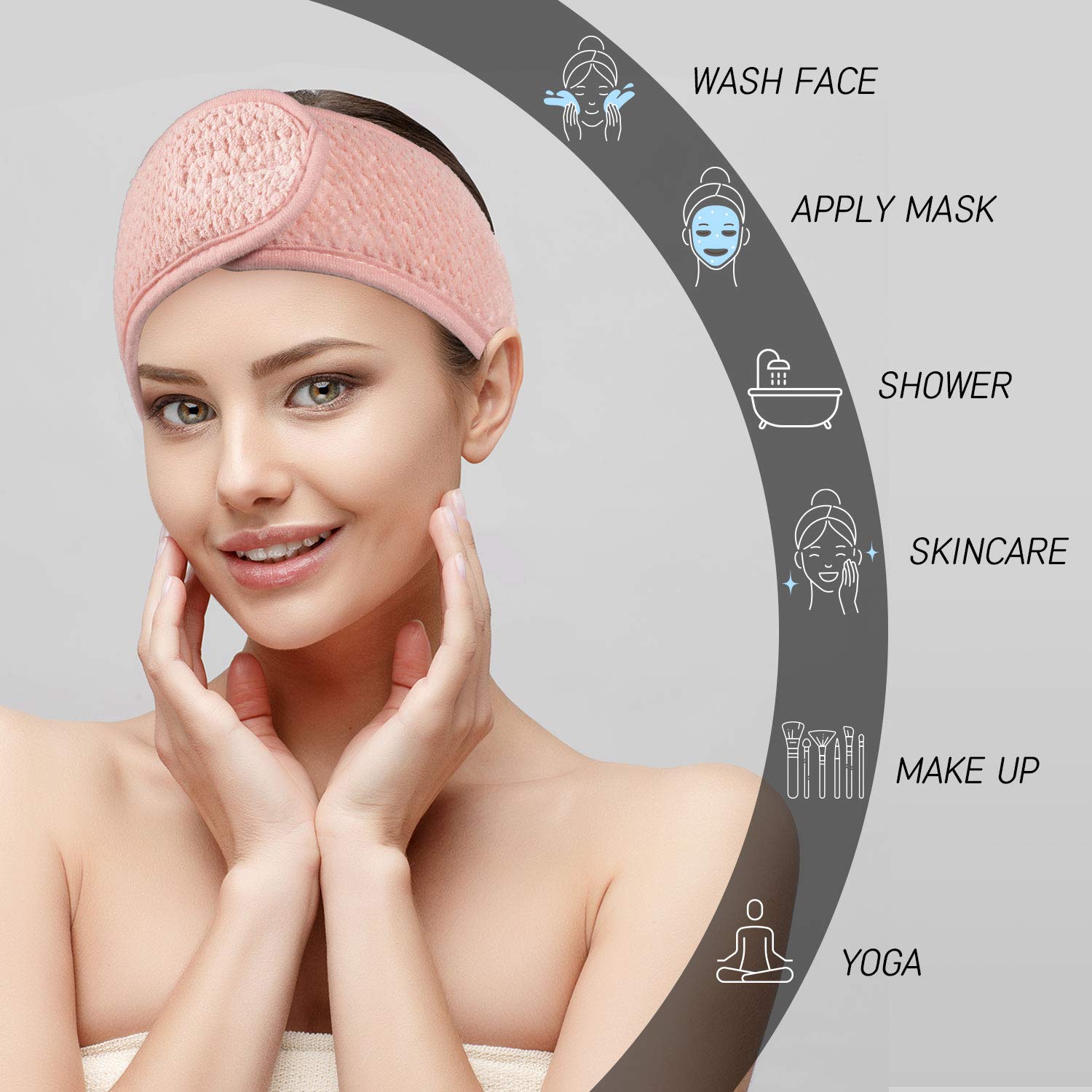 Whaline 4 Pack Spa Facial Headband, Pea Green, Pink, Beige, Light Gray | Makeup Hair Wrap, Adjustable Hair Band, Soft Towel Head Band, for Face Washing, Shower Sports Yoga
