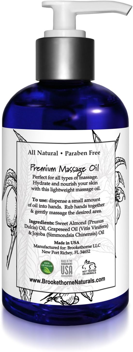 Unscented Massage Oil for Massage Therapy – 100% Natural Body Oil with Sweet Almond, Grapeseed & Jojoba for Premium Glide – Pure Carrier Blend for Aromatherapy – Brookethorne Naturals