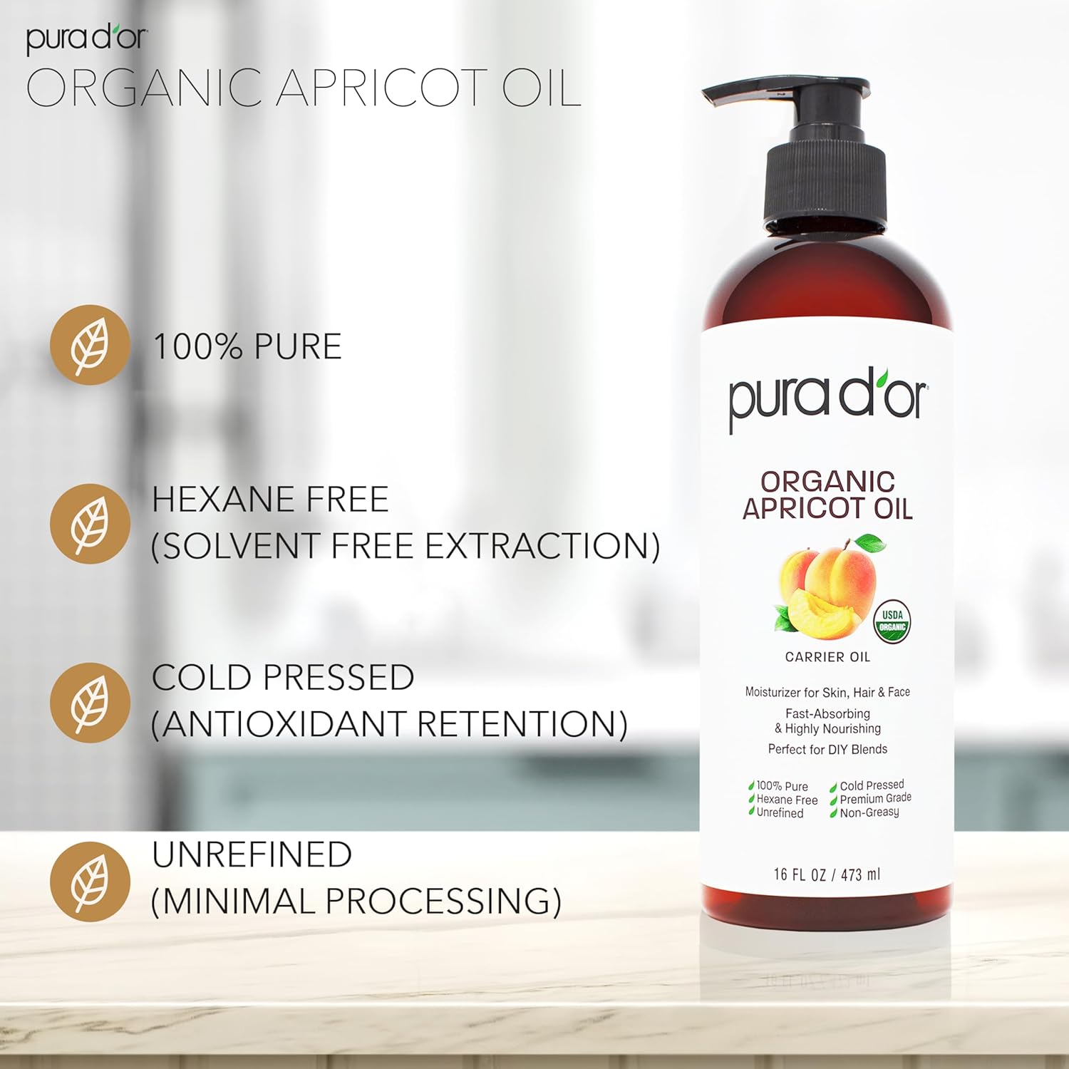 PURA D'OR ORGANIC Apricot Kernel Oil (16 Oz) 100% Pure & Natural USDA Certified