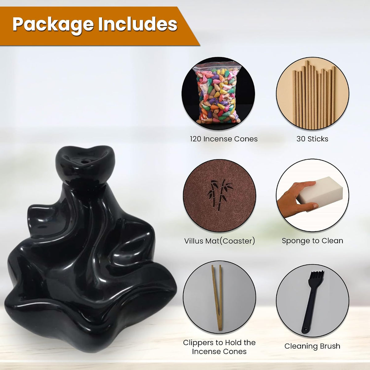 Ceramic Backflow Incense Holder Smoke Waterfall Burner Set with 120 Backflow Incense Cones, 30 Incense Sticks & Premium Accessories for Aromatherapy Home Decor