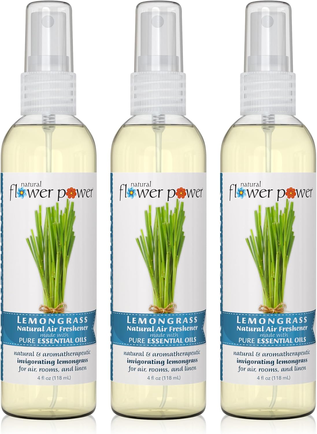 Natural Flower Power Air Freshener Spray | Lemongrass 4 Fl Oz | Pack of 3 | Scented w/ Pure Essential Oils | Non-Aerosol Plant-Based Odor Eliminator | Room, Linen, or Car Spray | Cruelty-Free & Vegan