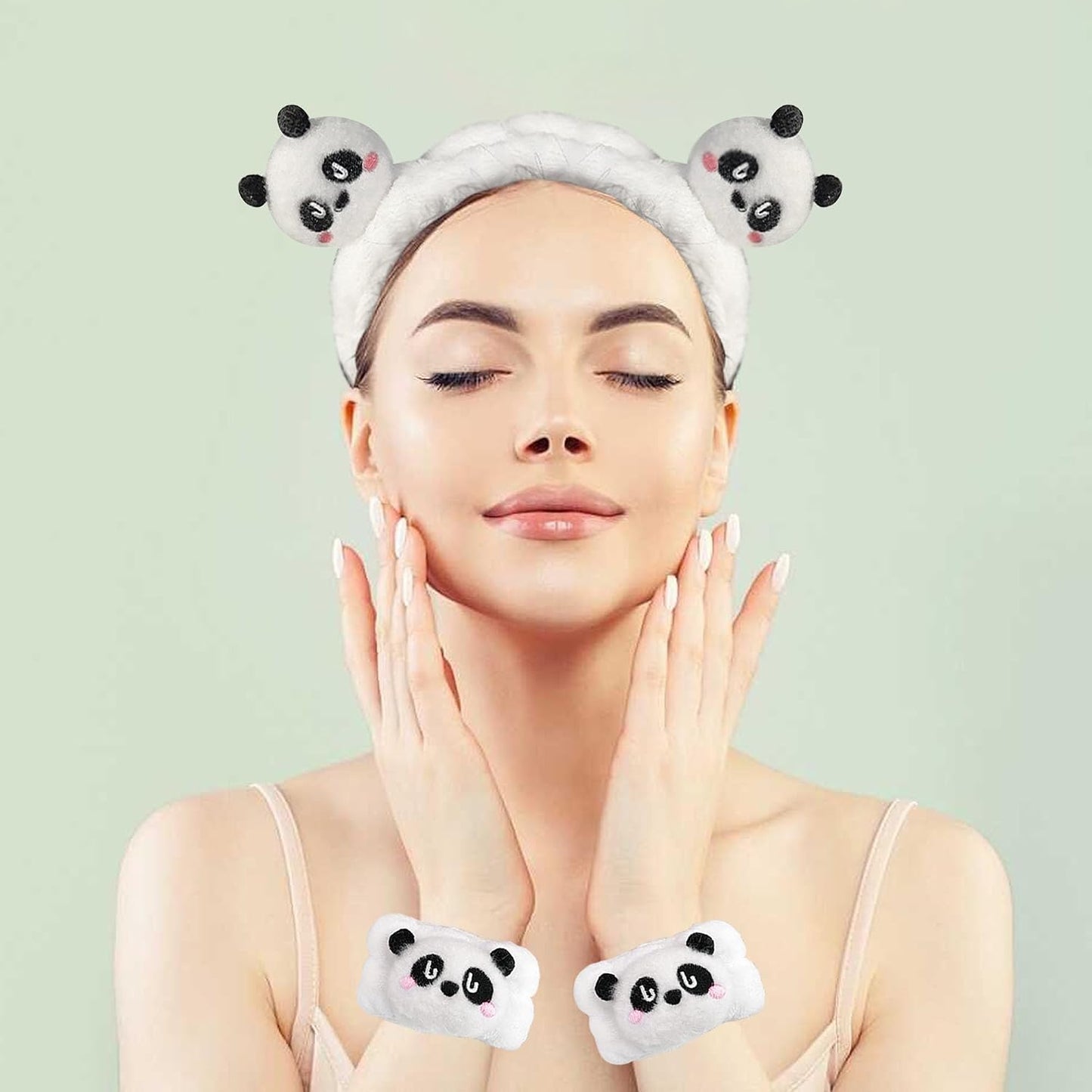 3 Pcs Unisex Adult Panda Headband & Wristbands Set, White, Plush Fabric, Spa & Face Wash Accessory