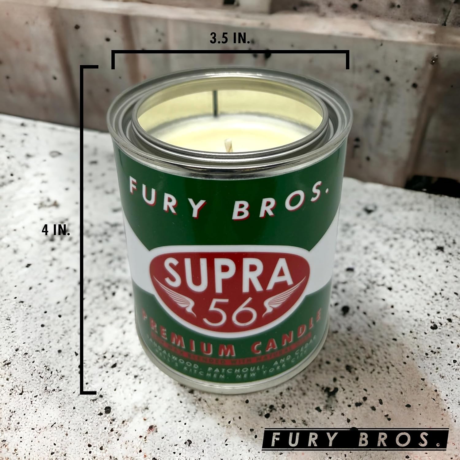 Fury Bros. Scented Candles for Men | Supra 56 | Sandalwood Patchouli Cedar | Natural Soy Wax | Hand-Poured in the USA | Long 70-80 Hour Burn (12.5 oz) | Vintage-Inspired Tin Design | Dad Home Gift