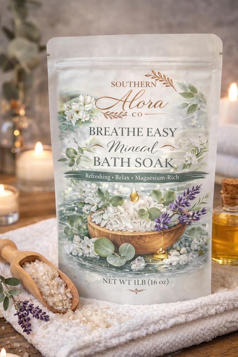 Southern Alora Bath Salts for Women Relaxing – Epsom Salt Bath Soak with Magnesium & Dead Sea Minerals, Aromatherapy Bath Soak for Stress Relief & Muscle Recovery, Breathe Easy Scent