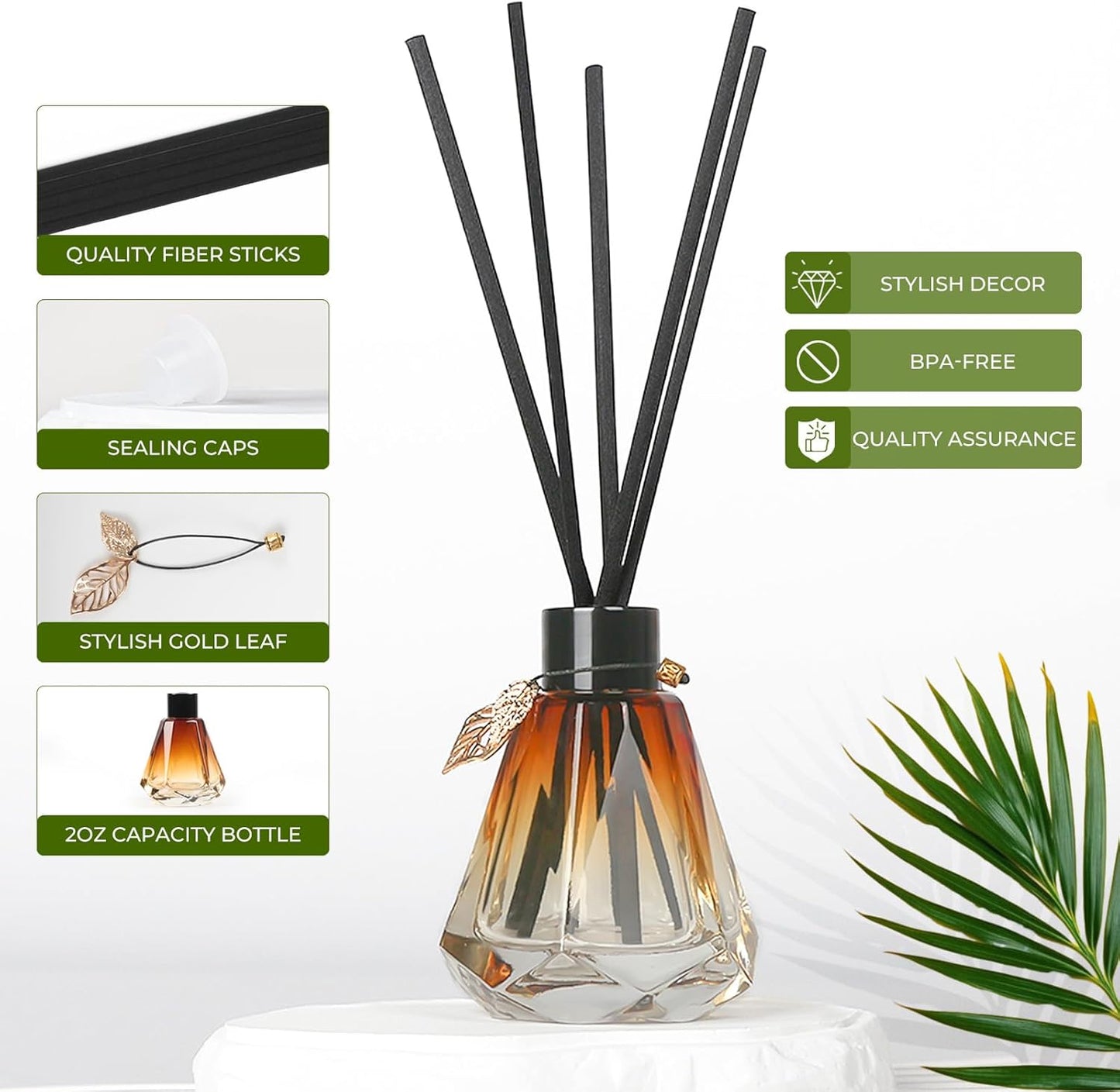 Reed Diffuser Set - 4 Empty Bottles with 20 Sticks, Delicate Gold Leaf Decor, Glass Fragrance Diffuser with Lids for Home, Bathroom | Refillable, Diamond Style (4 PCS Black)