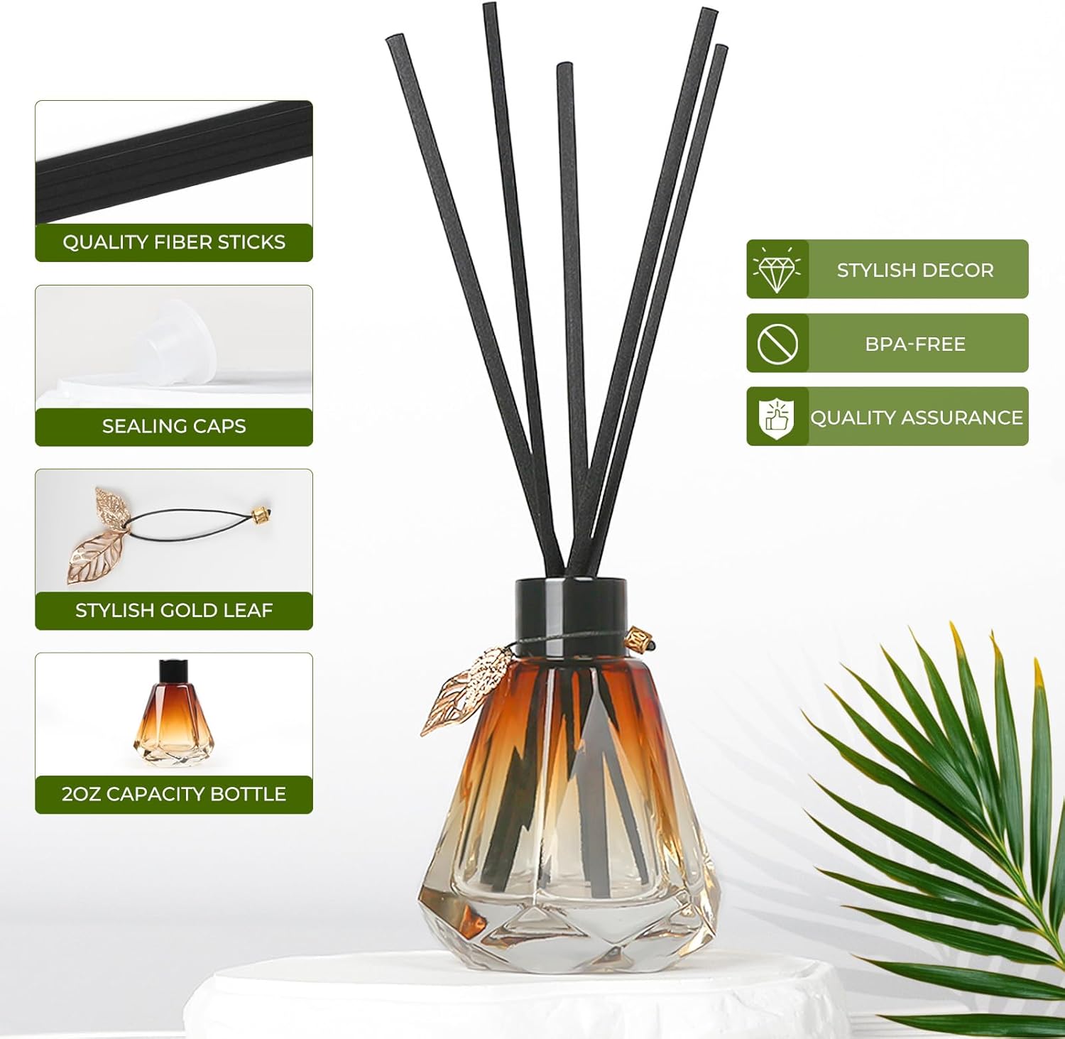 Reed Diffuser Set - 4 Empty Bottles with 20 Sticks, Delicate Gold Leaf Decor, Glass Fragrance Diffuser with Lids for Home, Bathroom | Refillable, Diamond Style (4 PCS Black)