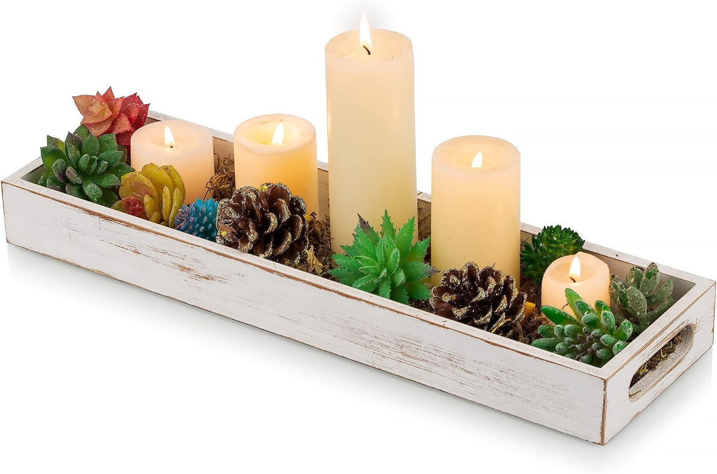 Hanobe Decorative Wooden ServingTray: Rustic Long Narrow Centerpiece Farmhouse Wood Candle Holder Trays with Cutout Handles Rectangular Coffee Table Tray for Living Room Kitchen Home Decor, White