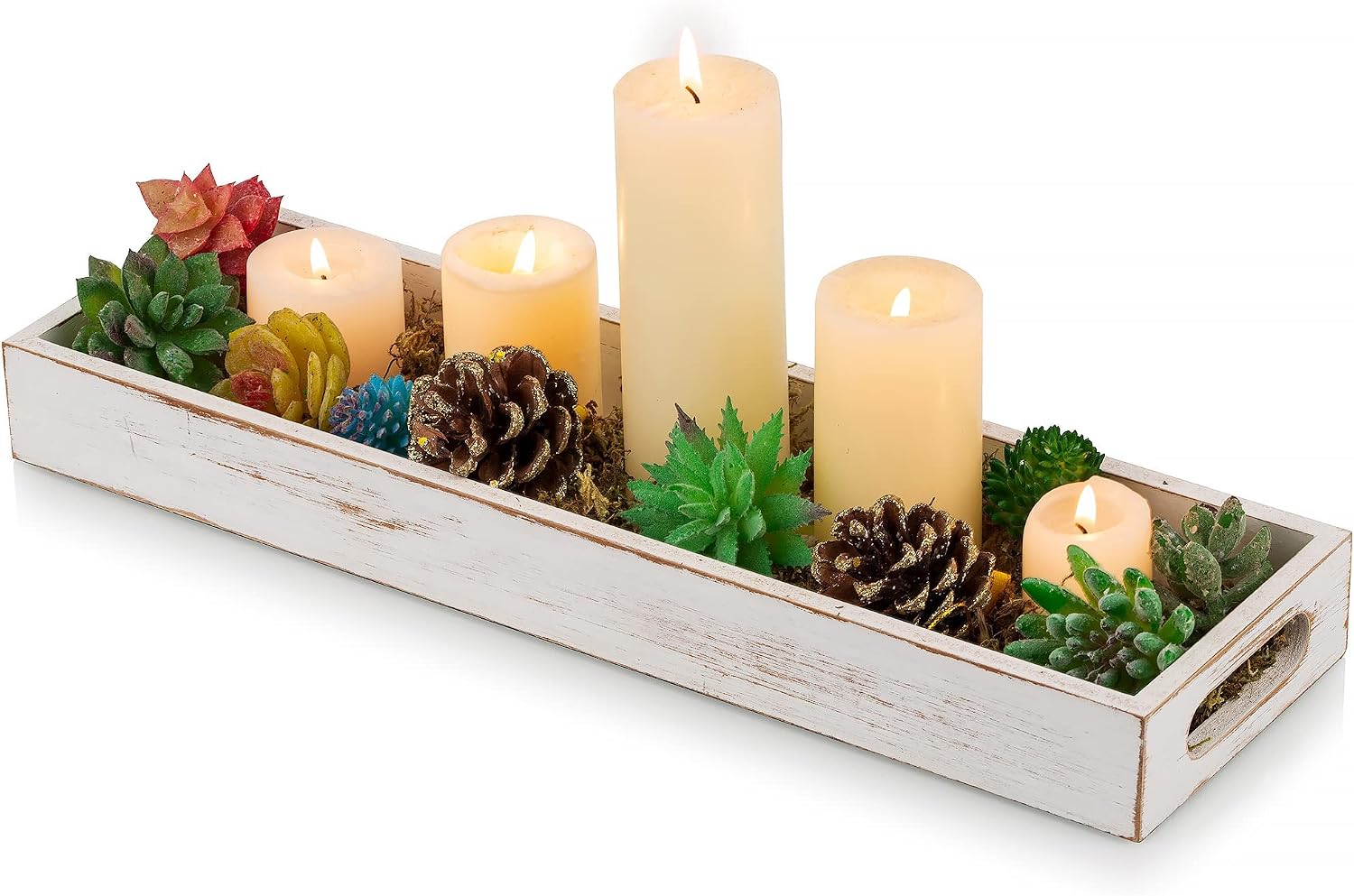Hanobe Decorative Wooden ServingTray: Rustic Long Narrow Centerpiece Farmhouse Wood Candle Holder Trays with Cutout Handles Rectangular Coffee Table Tray for Living Room Kitchen Home Decor, White
