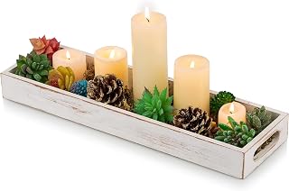 Hanobe Decorative Wooden ServingTray: Rustic Long Narrow Centerpiece Farmhouse Wood Candle Holder Trays with Cutout Handles Rectangular Coffee Table Tray for Living Room Kitchen Home Decor, White