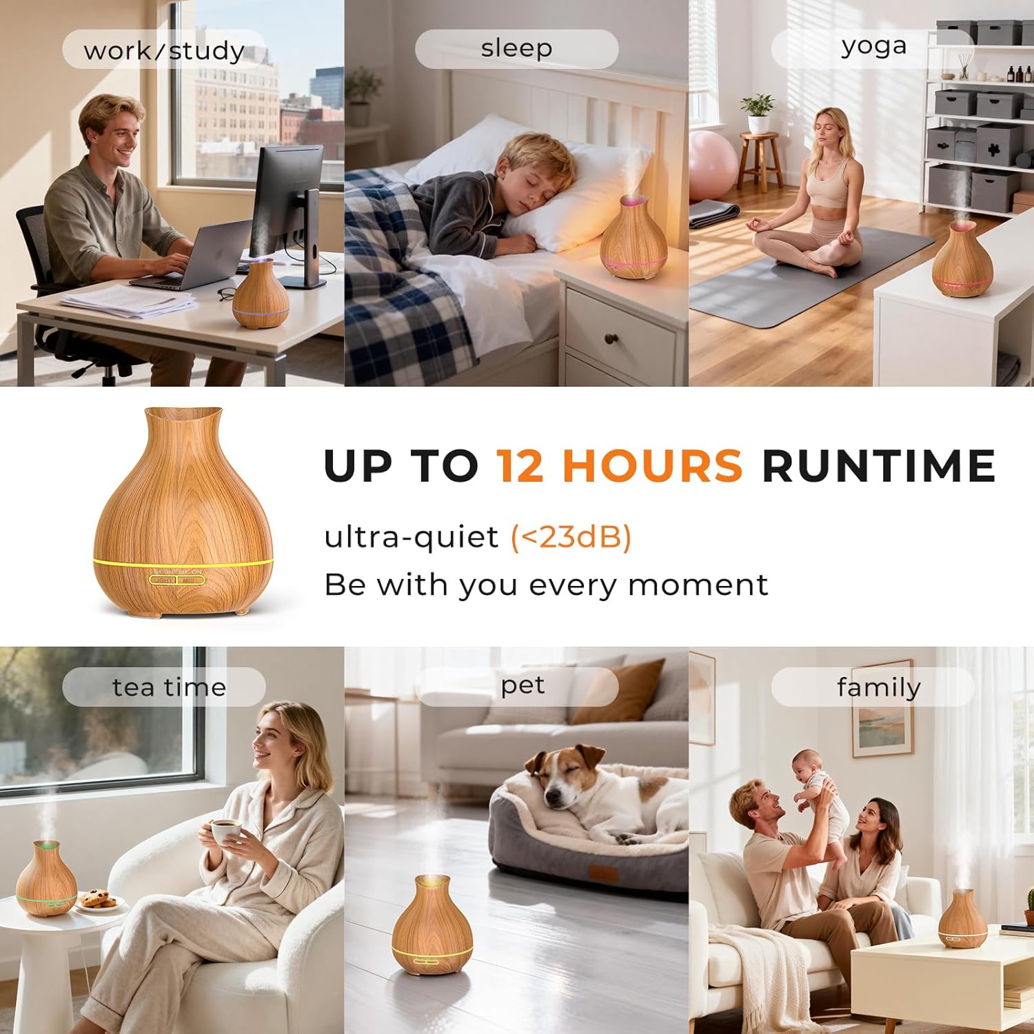 Aromatherapy Essential Oil Diffuser 550ml 12 Hours Wood Grain Aroma Diffuser with Timer Cool Mist Humidifier for Large Room, Home, Baby Bedroom, Waterless Auto Shut-off,7 Colors Lights Changing