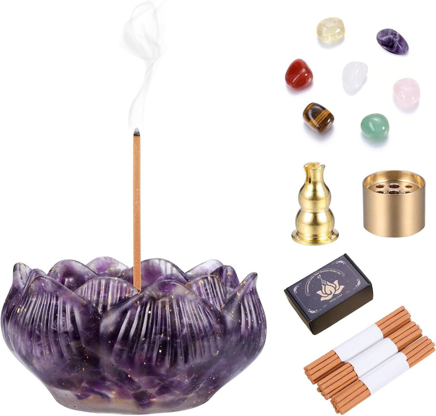 Jovivi Incense Holders Set,Amethyst Crystal Lotus Resin Burner, 2 Incense Holders, 7 Chakra Tumbled Stones, Mini Incense Sticks & Gift Box – Spiritual Meditation Home Decor
