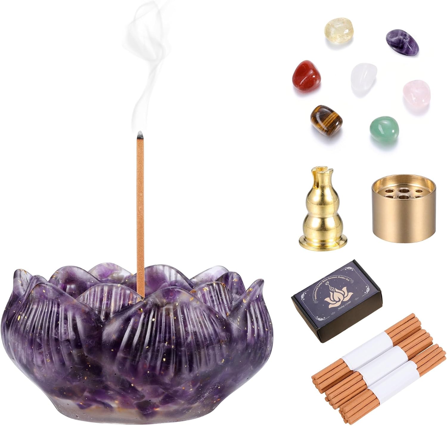Jovivi Incense Holders Set,Amethyst Crystal Lotus Resin Burner, 2 Incense Holders, 7 Chakra Tumbled Stones, Mini Incense Sticks & Gift Box – Spiritual Meditation Home Decor