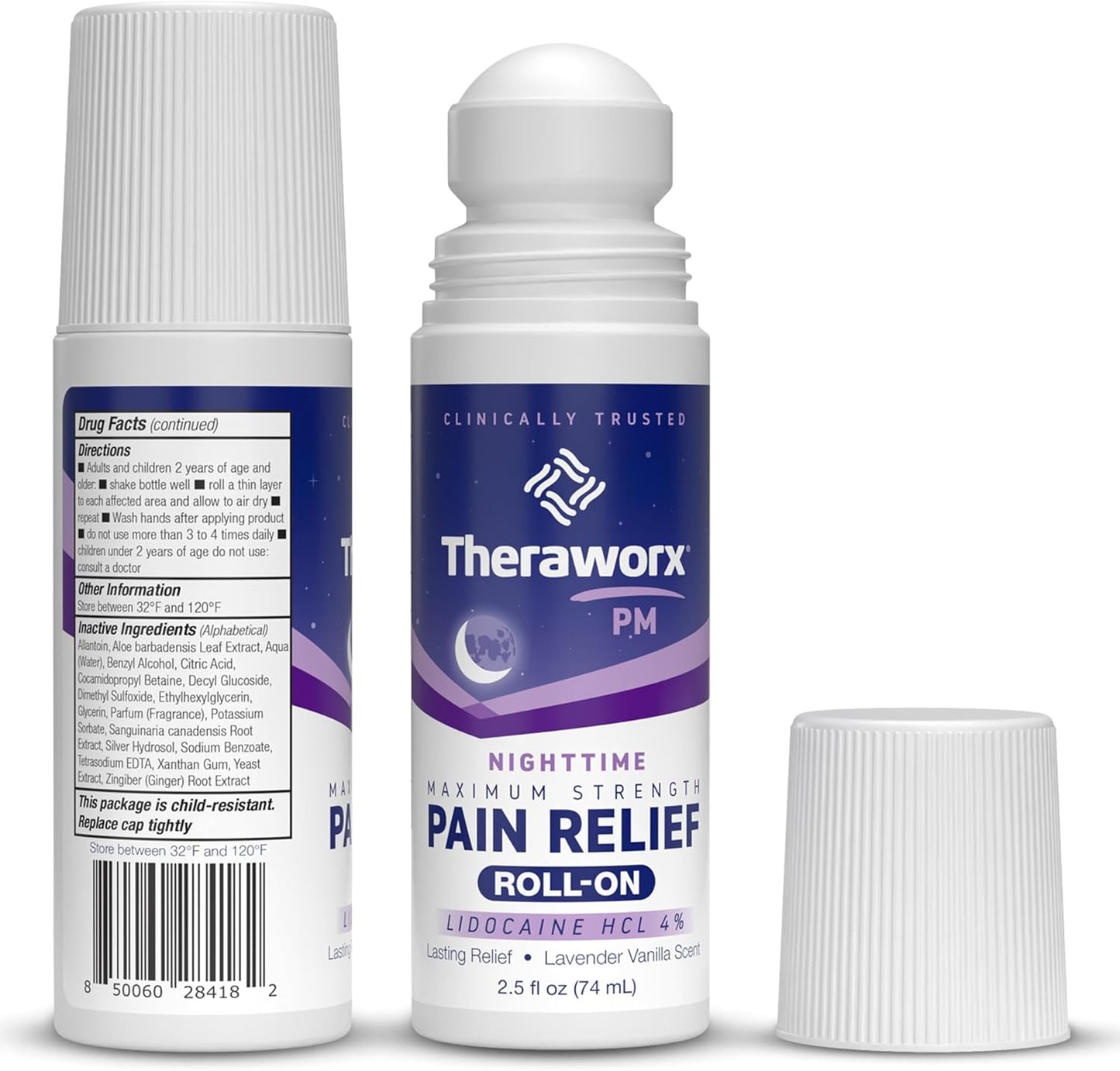 Theraworx Nighttime Maximum Strength Pain Relief Roll-on with Lidocaine – 2.5 oz - 2 Count