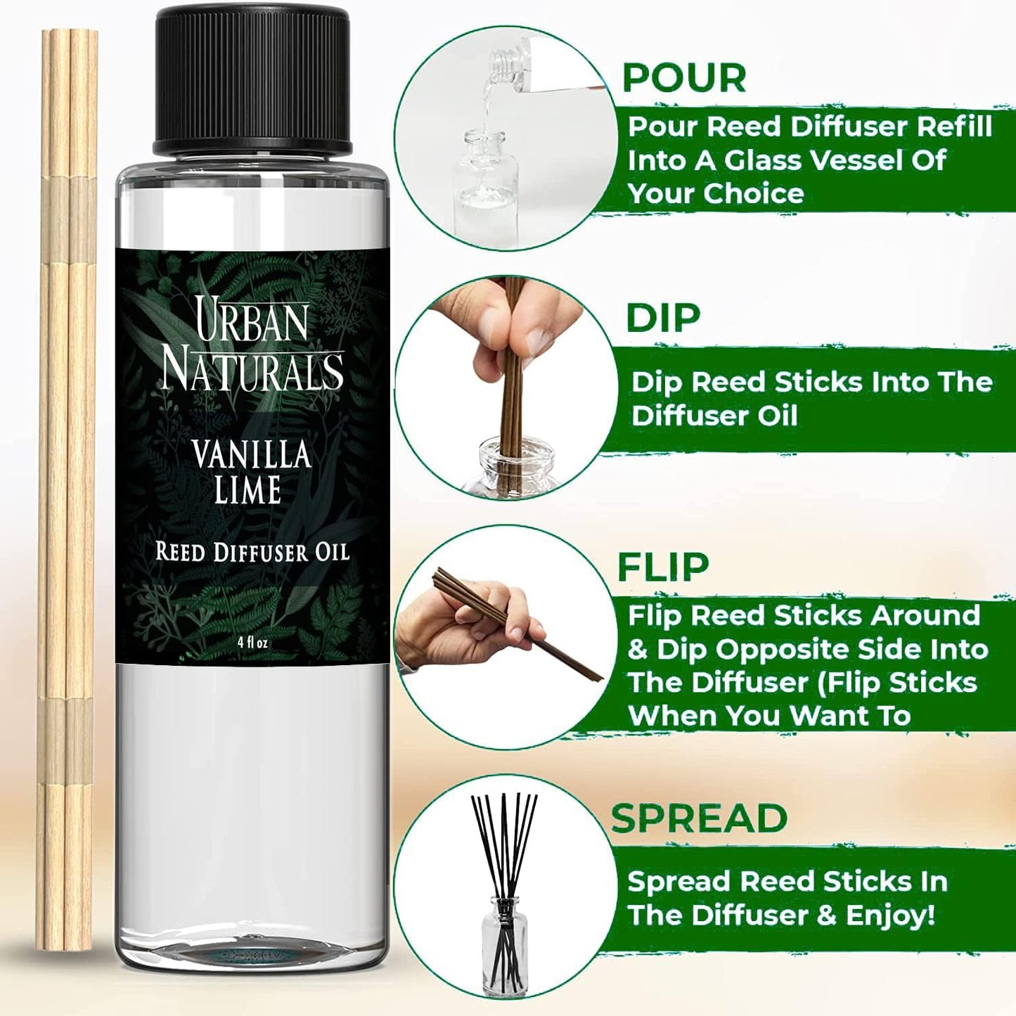Urban Naturals Reed Diffuser Oil Refill, Vanilla Lime Citrus Essential Oils with Cane Sugar, Lime, Vanilla, 4 oz + Free Reed Sticks, Made in the USA