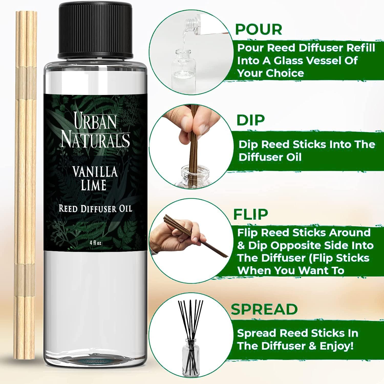 Urban Naturals Reed Diffuser Oil Refill, Vanilla Lime Citrus Essential Oils with Cane Sugar, Lime, Vanilla, 4 oz + Free Reed Sticks, Made in the USA