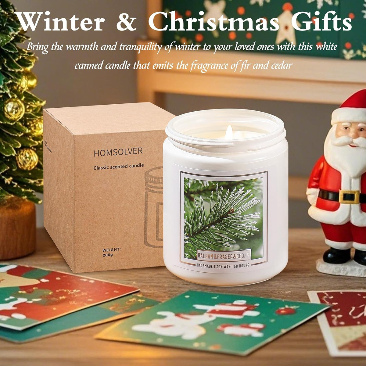 Homsolver 7OZ Balsam Fir Pine Candle, Christmas Scented Candles, Holiday Natural Soy Candles with 50 Hour Burn Time, Fir Cedar Tree Scent Gifts for Women Men, Wedding Favors for Guests, Souvenir Gifts