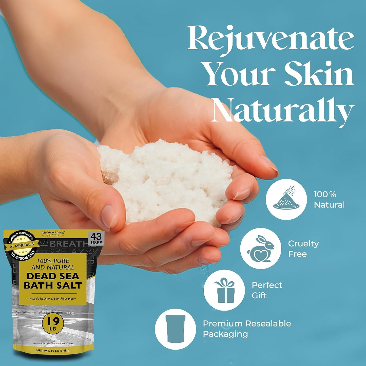 Aromasong Dead Sea Salt - Spa Bath Salt - 19 Lbs Fine Grain Bulk - 100% Pure - Better Absorbing Than Epsom Salt - Soak for Women & Men for Skin Issues and to Relax Tired Muscles - Resealable Pack.