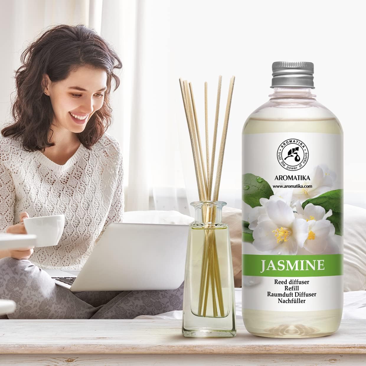 Reed Diffuser Refill Set Vanille & Jasmine with Jasmine Essential Oil 34 Fl Oz - 2 x 500ml - Fragrance Oil Reed Diffuser Refill - Room Freshener - Floral Fragrance