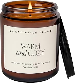 Sweet Water Decor Warm and Cozy Soy Candle - Orange Peel, Cinnamon, Ginger and Clove Scented Candles for Home - 9oz Amber Jar + Black Lid, 40+ Hour Burn Time, Made in the USA