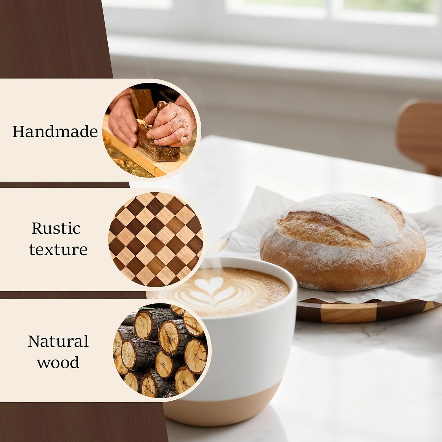 8 Inches Round Wooden Serving Trays Decorative Candle Plate Holder with Unique Checkered Design for Home Decor, Coffee Table, Dining Table, Kitchen Island