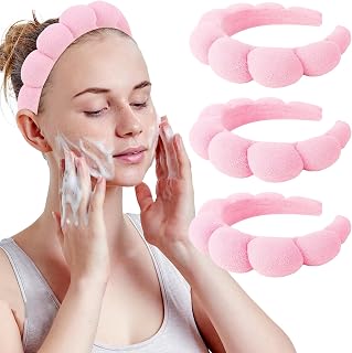 WHAVEL 3 Pack Spa Headband Skincare Headbands, Makeup Headband Sponge Terry Cloth Headbands Face Wash Headband Puffy Hair Band for Washing Face Women Girls (Pink)