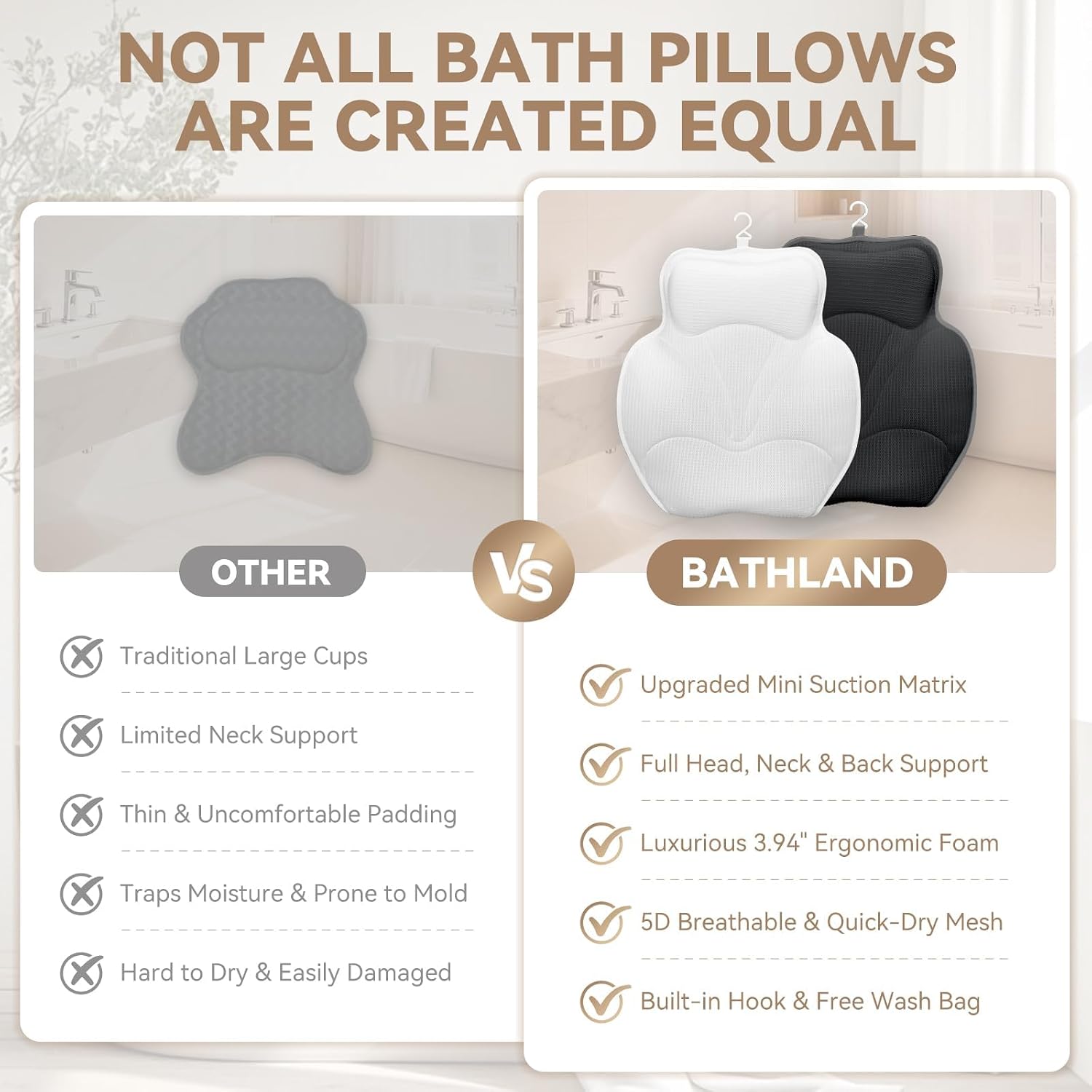 Bath Pillows for Tub - Luxury Bathtub Pillow Neck, Head, Back Support, Soft 5D Mesh Fabric and Non-Slip Suction Cups & Quick Dry, Fits All Tubs, Bath Soaking Accessories Spa Gifts, White