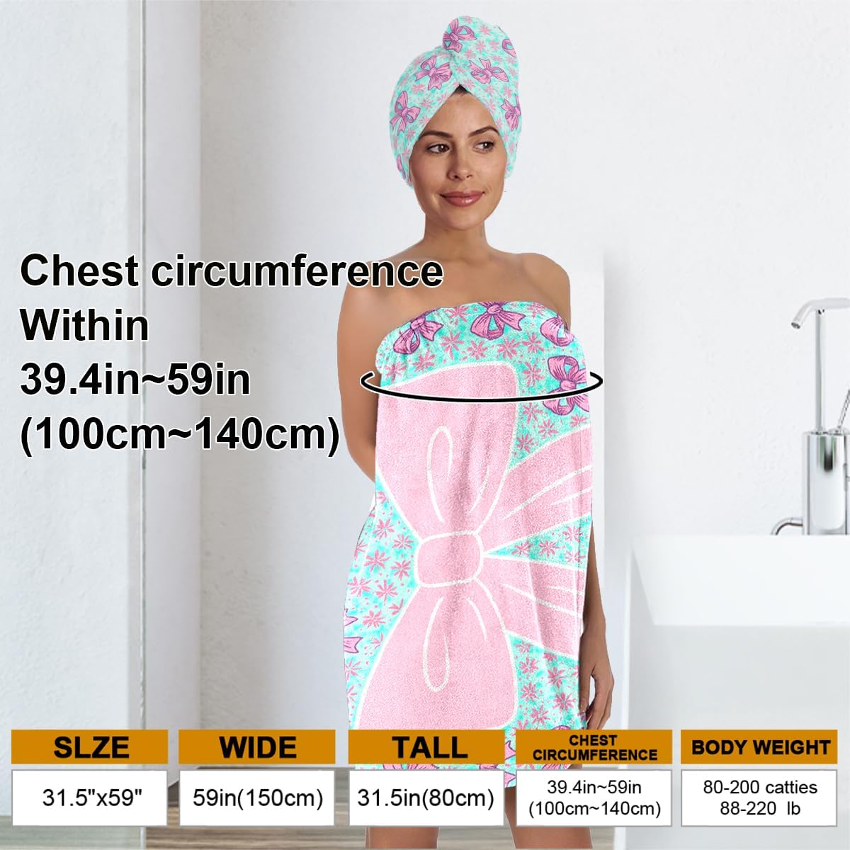 Bow Towel Wrap for Women Girls – Microfiber Shower Spa Wrap with Hair Towel Turban – Quick Dry Bath Skirt Set for Travel, Dorm, Pool, Beach, Gifts for Teen Girls (Bow 1)