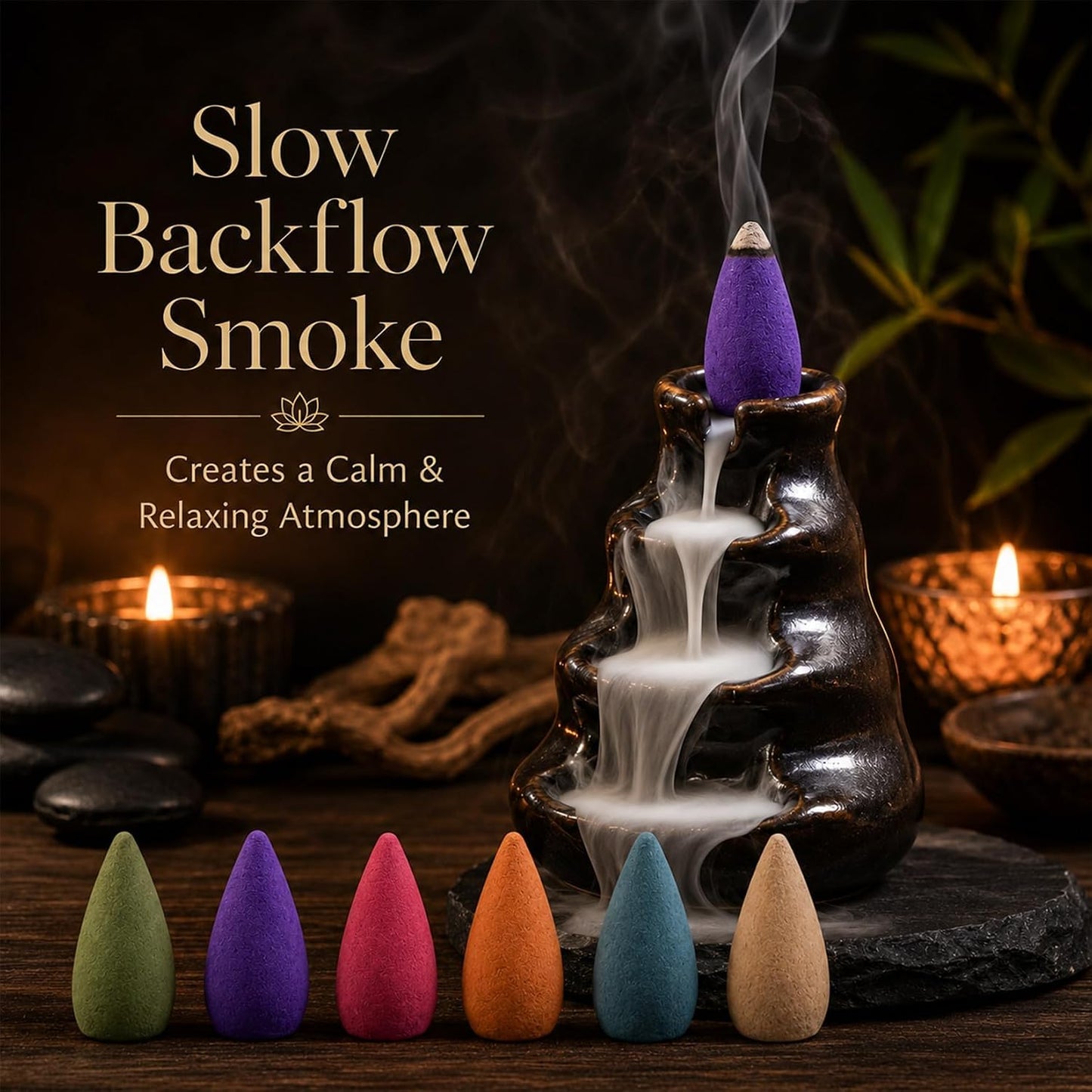Sukh Backflow Incense Cones for Waterfall - Waterfall Scented Incense Cone 108 PCS Backflow Smoke Burning Cone Incense Bulk 6 Different Incense Waterfall Cones for Backflow Waterfall Incense Burner