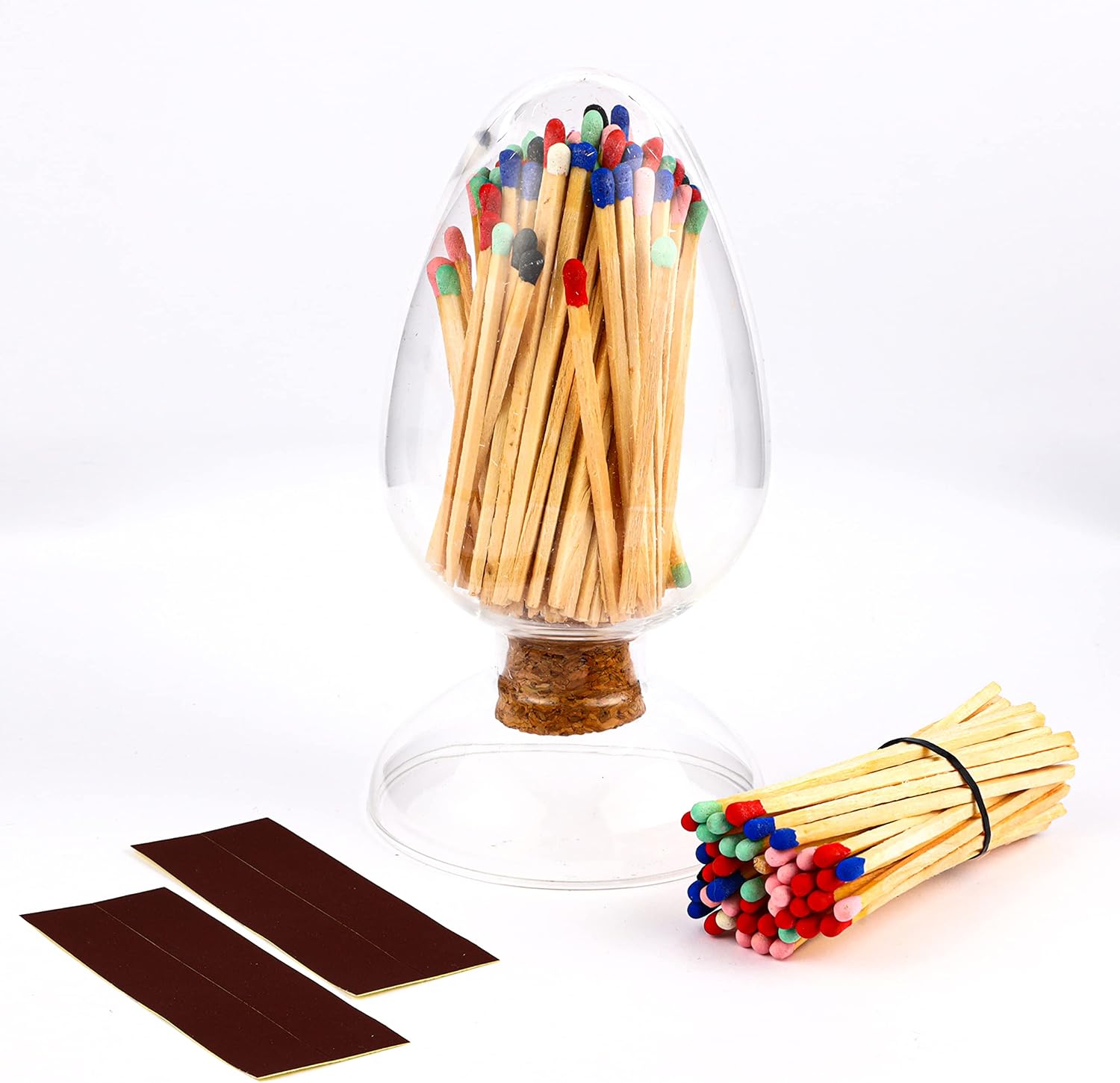100Pcs 4'' Rainbow Matches in a Jar with Striker, Glass Match Holder with Striker, Glass Match Cloche with Striker, Match Striker Jar for Long Wood Safety Matches, Includes 3 Free Striker Strips