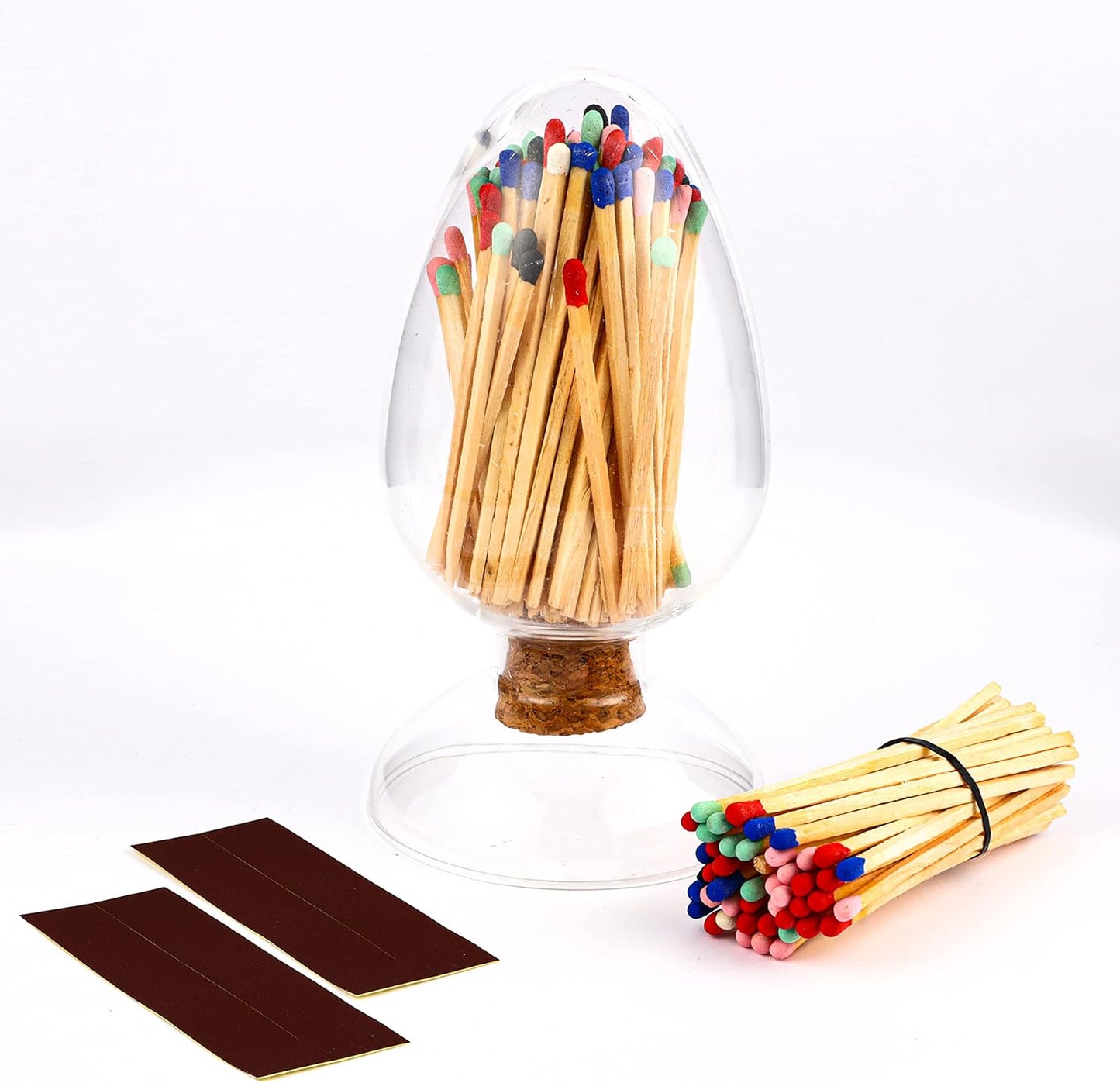 100Pcs 3'' Rainbow Matches in a Jar with Striker, Glass Match Holder with Striker, Glass Match Cloche with Striker, Match Striker Jar with Long Wood Safety Matches, Includes 3 Free Striker Strips