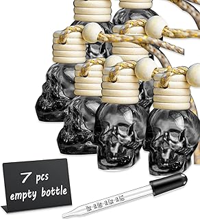 7 Pcs 8ml Hanging Car Air Freshener Diffuser,Empty Black Gradient Glass Essential Diffuser Oil Aromatherapy Fragrance Perfume Pendant Glass Vials with Wooden Caps (Skull, 8ml)