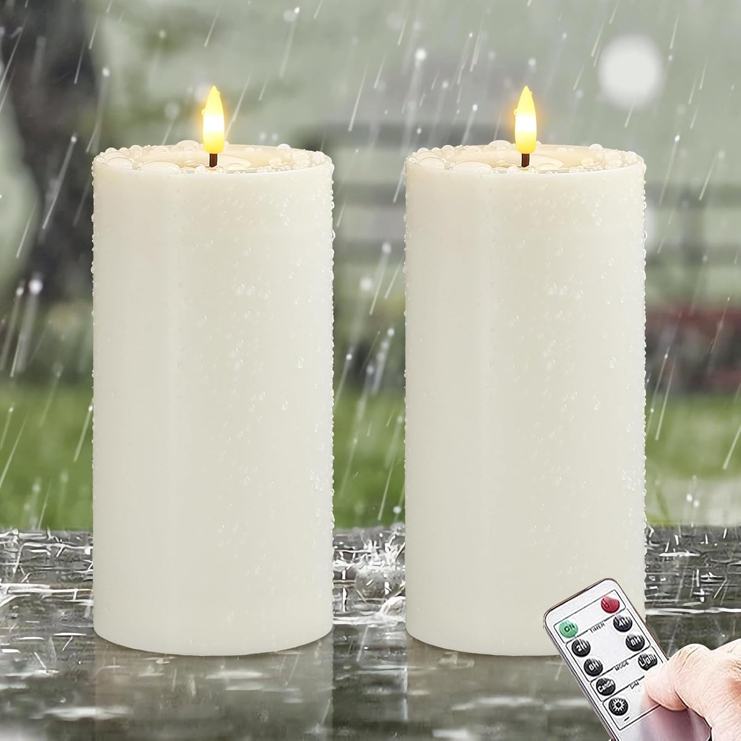 Waterproof Flickering Plastic Flameless with Cycle Timer & Remote Control, Pack of 2 Fake Battery Operated Candle Grease Outdoor Pillar LED Candles (Ivory, 4" x8")