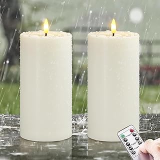 Waterproof Flickering Plastic Flameless with Cycle Timer & Remote Control, Pack of 2 Fake Battery Operated Candle Grease Outdoor Pillar LED Candles (Ivory, 4" x8")