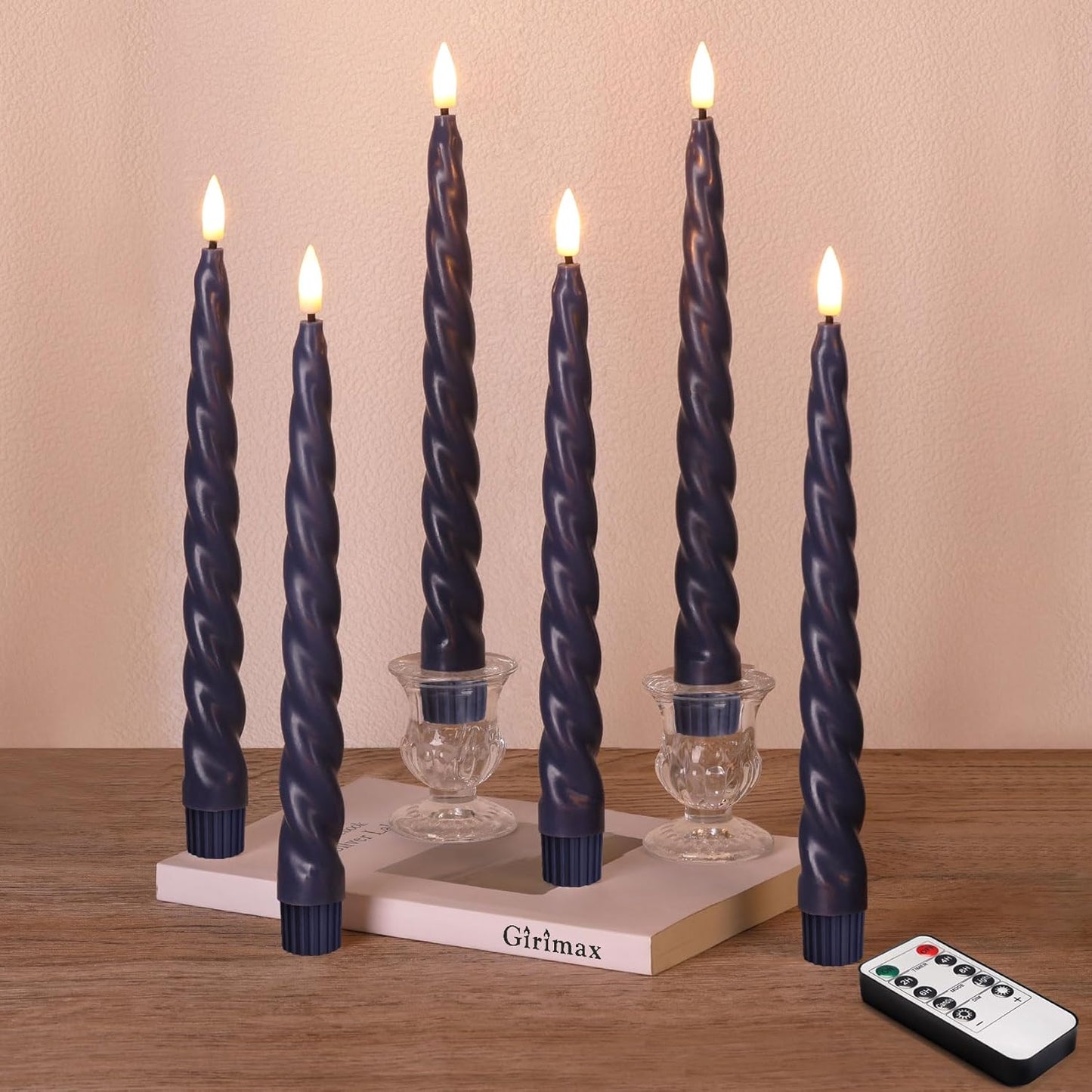 Spiral Flameless Taper Candles with Remote, Navy Blue Candles Battery Operated, Flickering LED Wax Candlesticks Set of 6