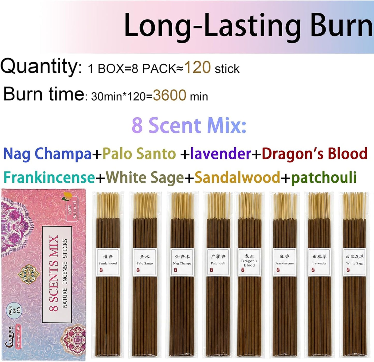 CEREMONY 8 Scents Incense Sticks, 8 in 1 Mix Incense,120 Stick Incense for Mediation,100% Natural-Handmade for Yoga, Organic-Chemicals-Charcoal-Free Purification-Relaxation