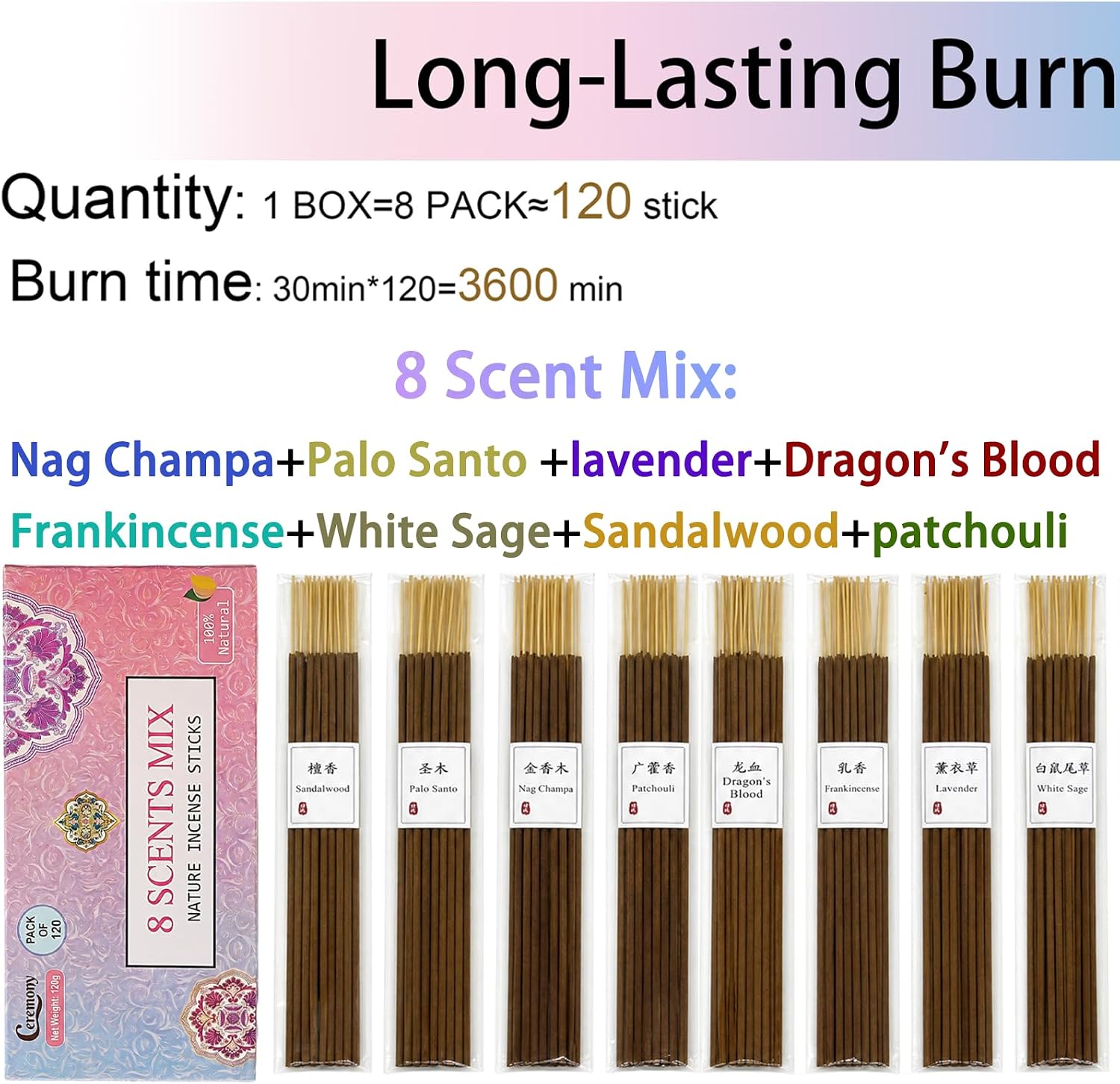 CEREMONY 8 Scents Incense Sticks, 8 in 1 Mix Incense,120 Stick Incense for Mediation,100% Natural-Handmade for Yoga, Organic-Chemicals-Charcoal-Free Purification-Relaxation