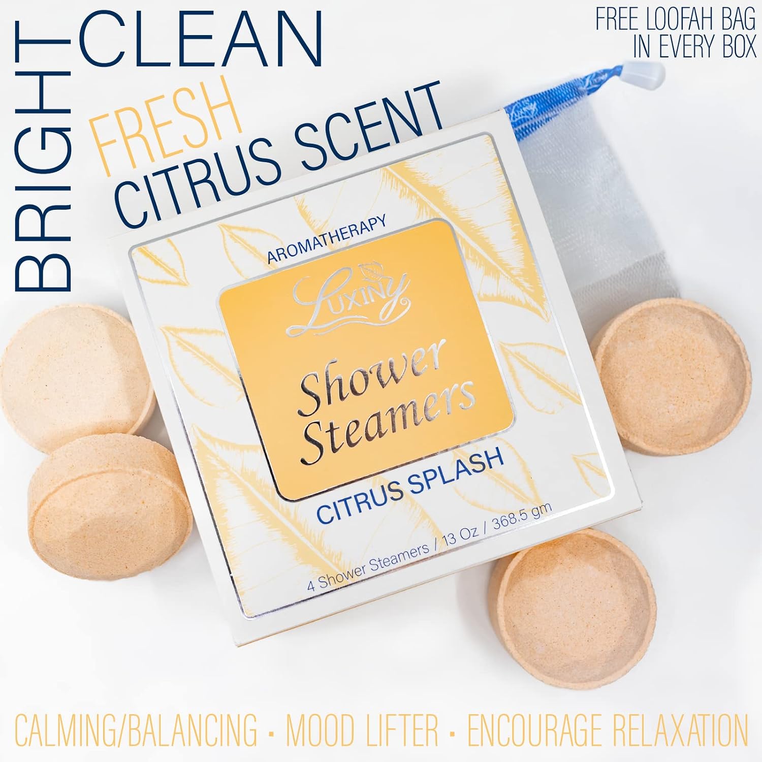 Shower Bombs Aromatherapy in Your Shower, American Made by Luxiny, Shower Steamer Tablets Melt to Release a Fragrant Vapor for Natural Stress Relief – Pack of 4 XL Steamers (Citrus Splash)