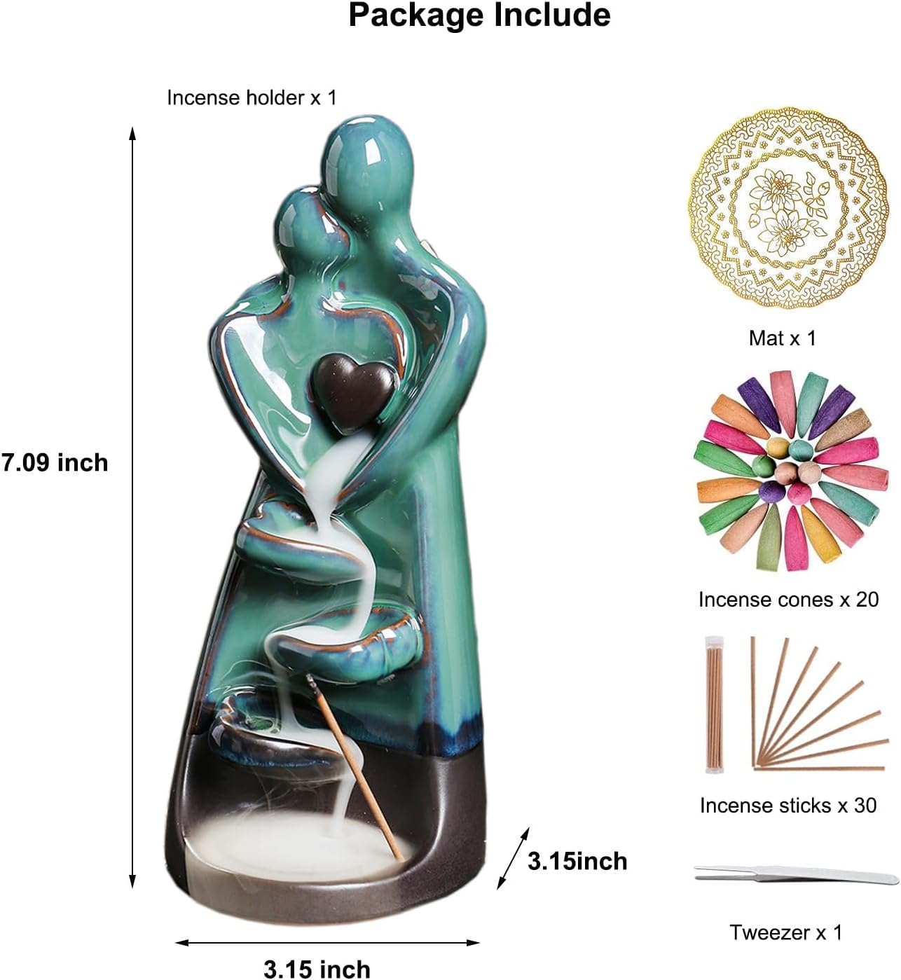 Ceramic Incense Holder, Creative Incense Waterfall Ornament, Backflow Incense Burner with 20 Cones + 30 Sticks, Zen Garden Yoga Meditation Home Decor