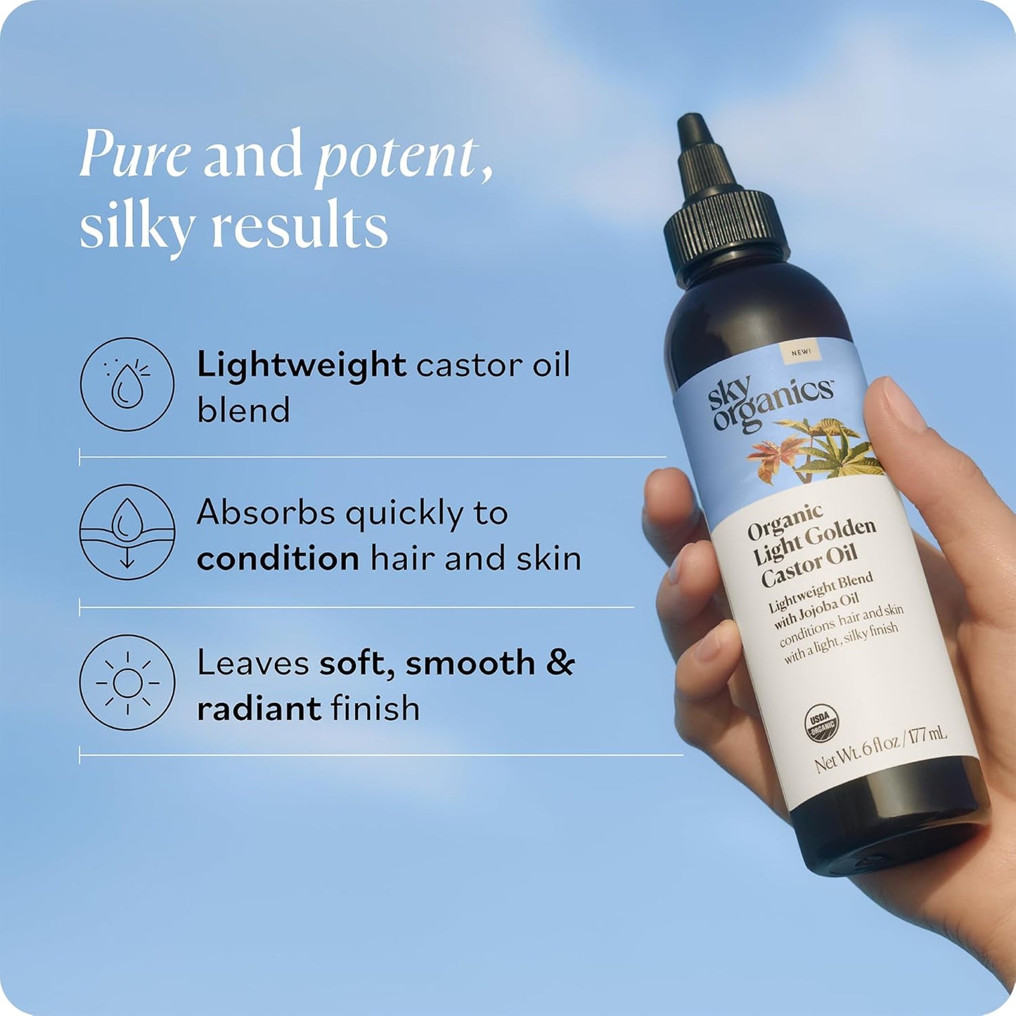 Sky Organics - Organic Light Golden Castor Oil (6 fl oz/177 mL) Conditions Hair, Skin, Brows, Scalp - Castor Oil Organic - Jojoba, Safflower Seed, Sweet Almond - Vegan, Cruelty Free, Beauty, Hair Care