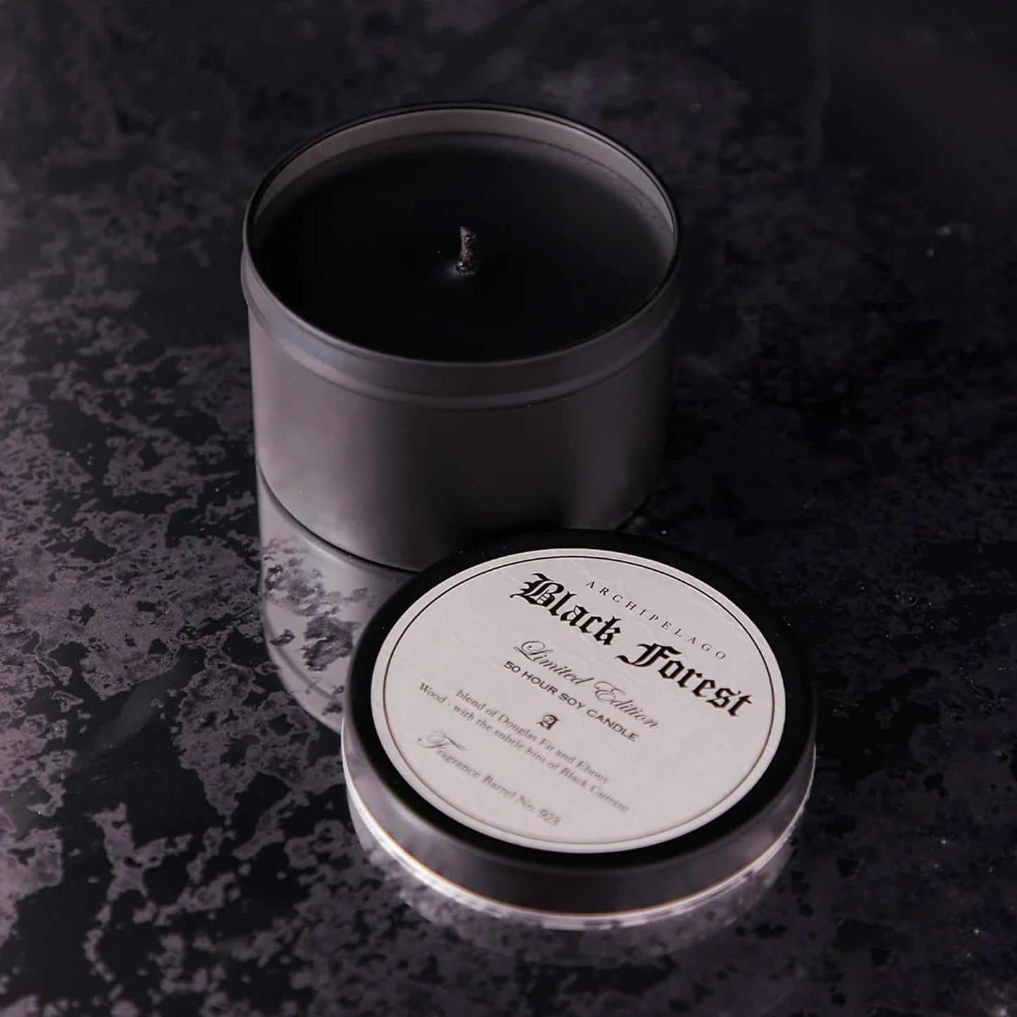 Archipelago Botanicals Black Forest Soy Wax Blend Travel Candle Tin, Dark Ebony Wood, Douglas Fir and Black Currant Scent, Clean Burning, Lead-Free Wick, 30 Hour Burn, 5.7 oz