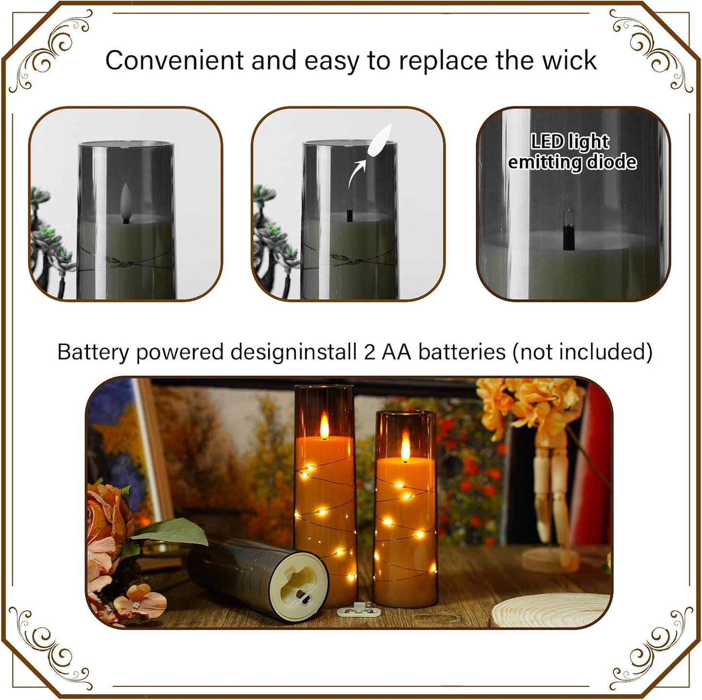 Nimiko Flickering Flameless LED Candles, 9 Pcs with Embedded Star String, Acrylic LED Pillar Candles with Remote, Suitable for Home Decoration (Grey)