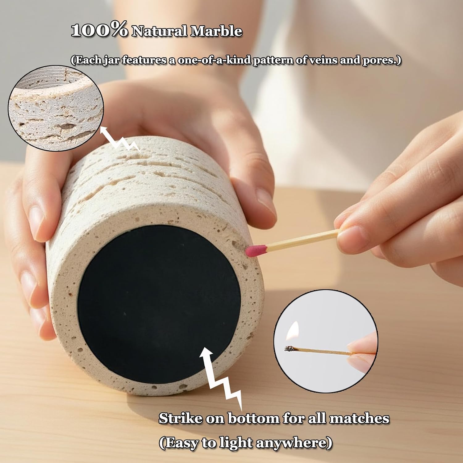 Matches in a Jar with Striker - Natural Travertine Match Holder with 2 Replacement Pads, Decorative Jar for Bathroom Candle Fireplace Parlor, Unique Organic Modern Home DecorGift(Matches Not Included)