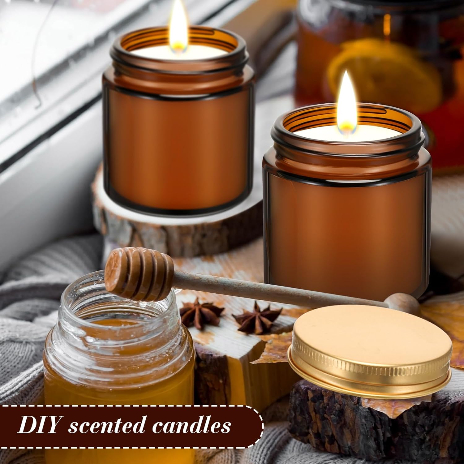 Zhehao 24 Pcs Glass Candle Jars with Lids Bulk, Round Empty Candle Container Tins, Dishwasher Safe and Leakproof DIY Crafts(Amber,Gold,4 oz)