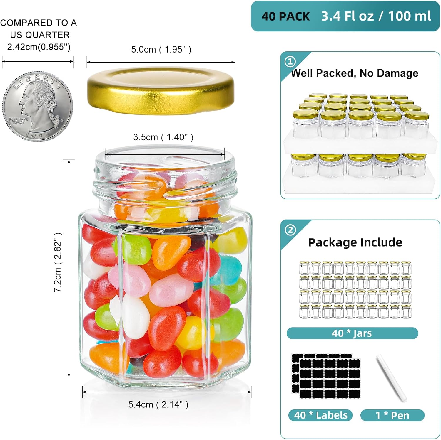 Ritayedet 40 Pack Small Glass Honey Jars with Lids for Wedding Favor, Baby Showers, 3 Oz Airtight Glass Canning Jars with Lids, Candle Jars for Spice, Candy, Jam, Waterproof Stickers
