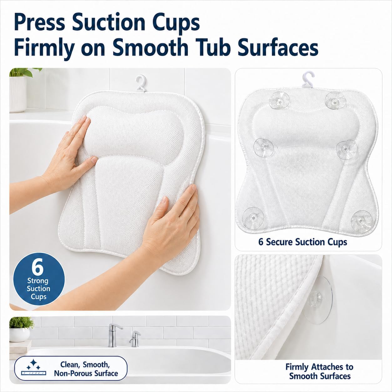Bath Pillow Bathtub Pillow, Bath Tub Pillows for Head and Neck, Bath Tub Pillow Headrest with Soft Air Mesh Fabric & Strong Suction Cups, Relaxing Bath and Spa Accessories(White)